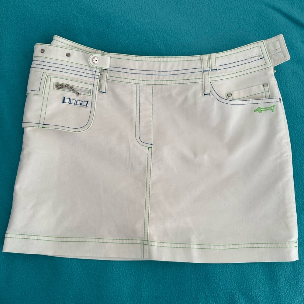 Louis Castel Off-White Mini Skort with Green & Blue Embroidery Accents